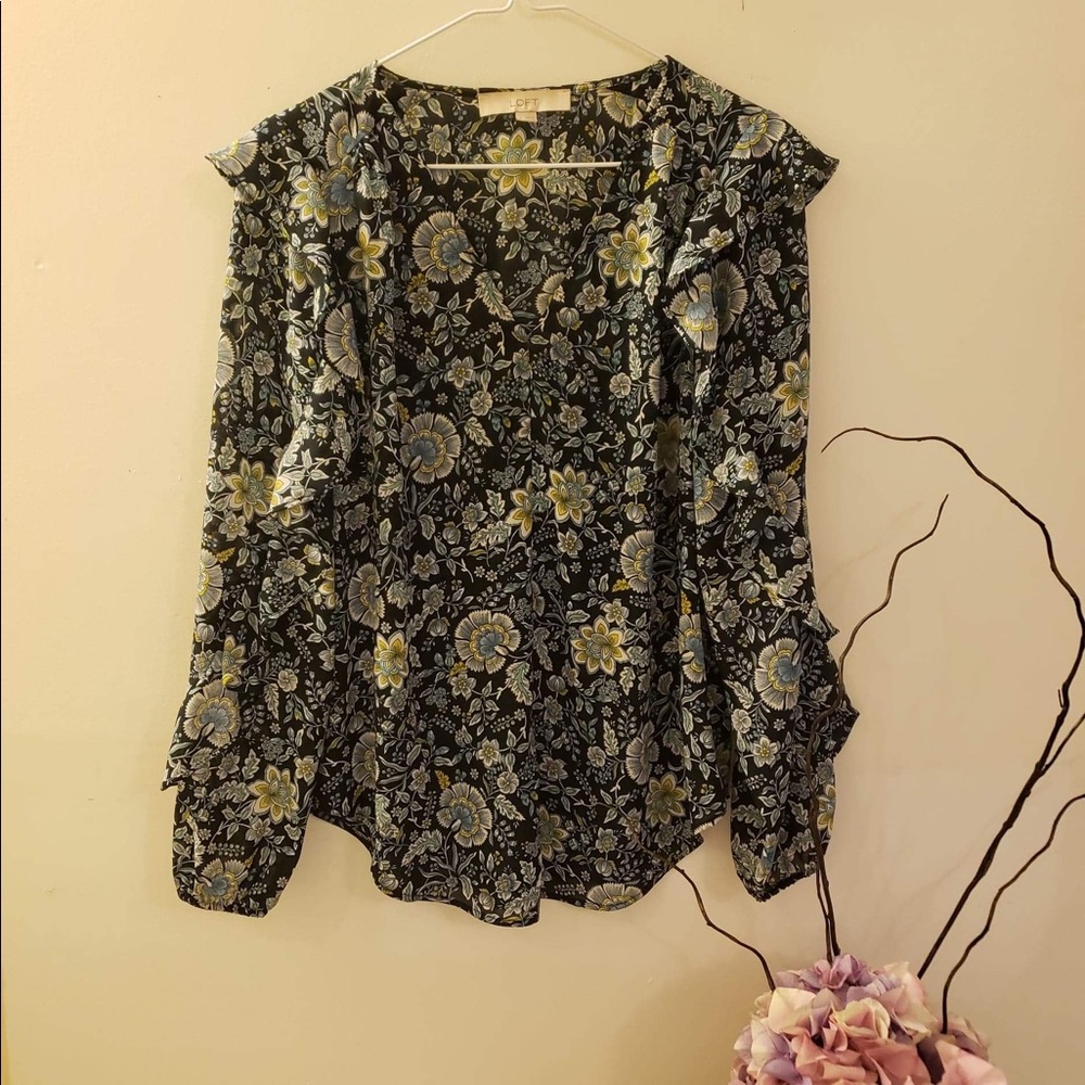 The loft small floral black and blue blouse long sleeve